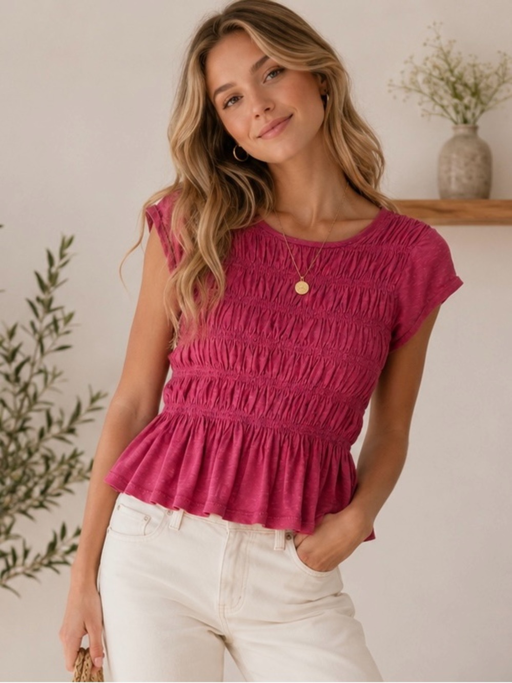 Pilcro Berry Pink Smocked Peplum Cap Sleeve Top